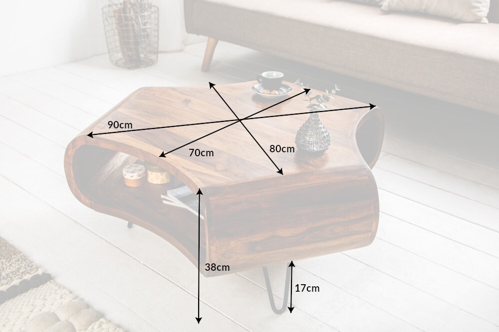 Retro Couchtisch ORGANIC LIVING 90cm braun Sheesham Massivholz stone finish Stauraum