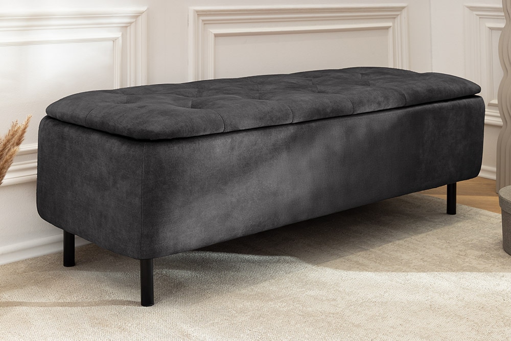 Extravagante Polsterbank EN VOGUE 120cm grau Samt mit Stauraum schwarze Metallbeine