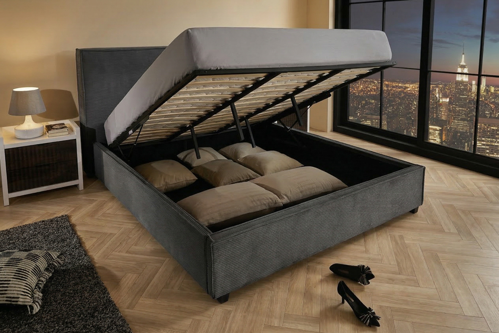 Komfortables Boxbett ROCCO 180x200cm dunkelgrau Cord mit Stauraum und Lattenrost