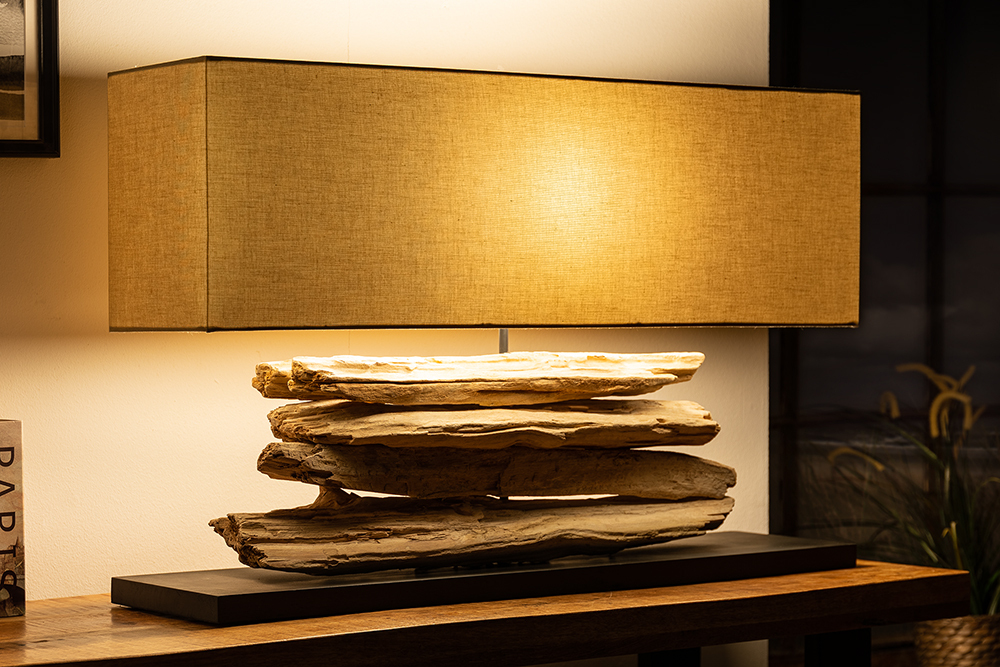 Handgearbeitete Tischlampe RIVERINE 80cm beige Treibholzfuß mit Leinenschirm