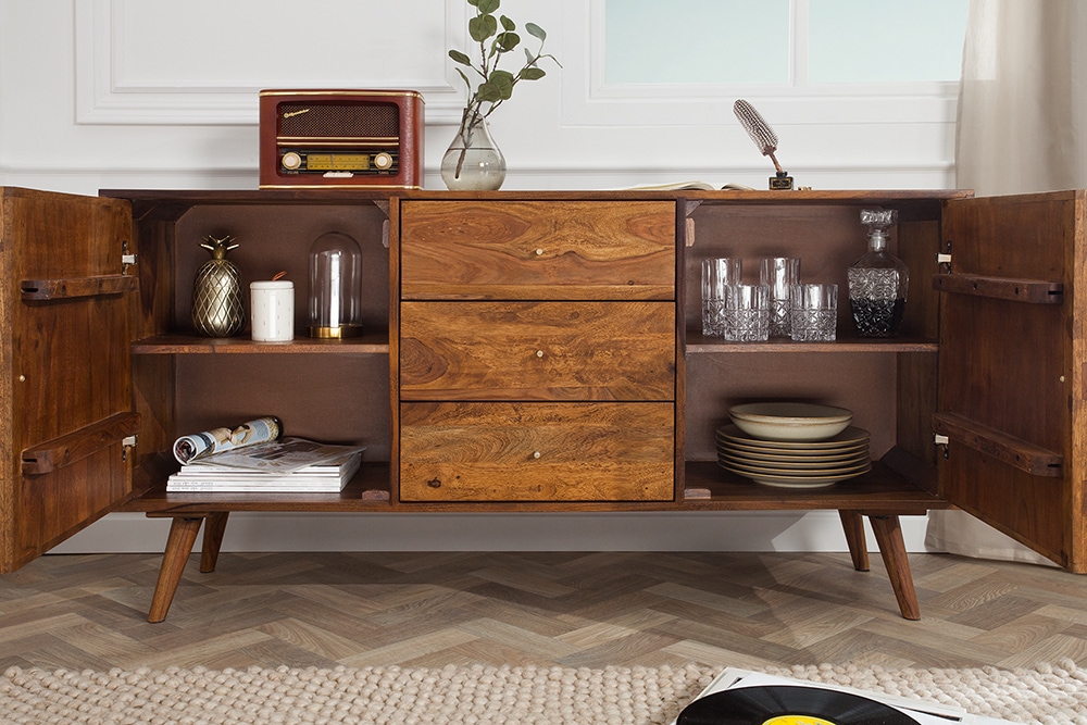 Massivholz Sideboard MYSTIC LIVING 145cm braun Sheesham stone finish Kommode Schubladen