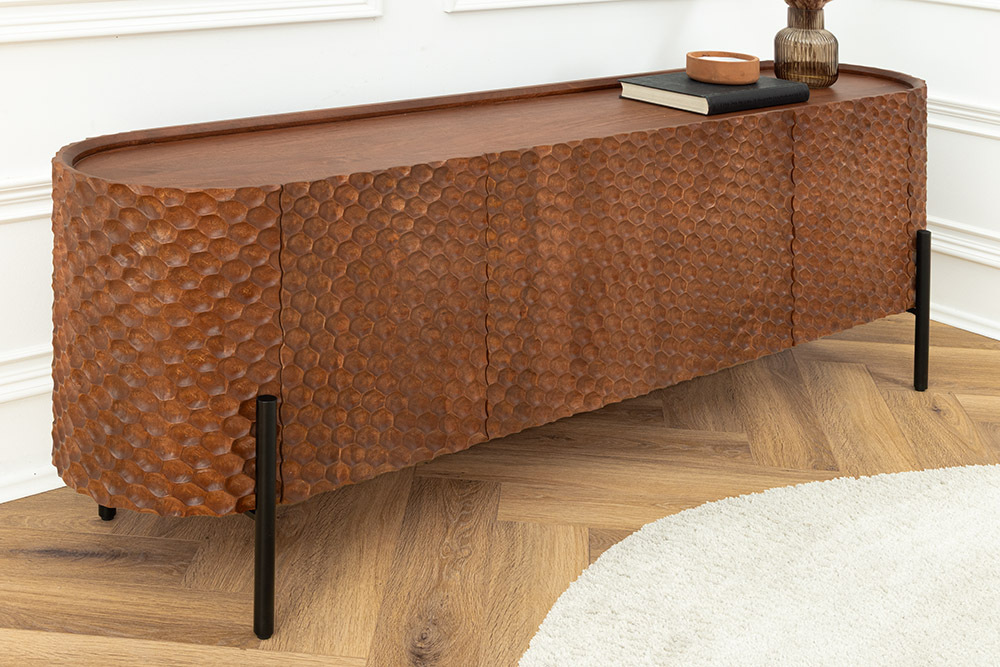 Massives Sideboard ADLON 180cm braun Mangoholz schwarz Metall 3D-Front in Wabenstruktur