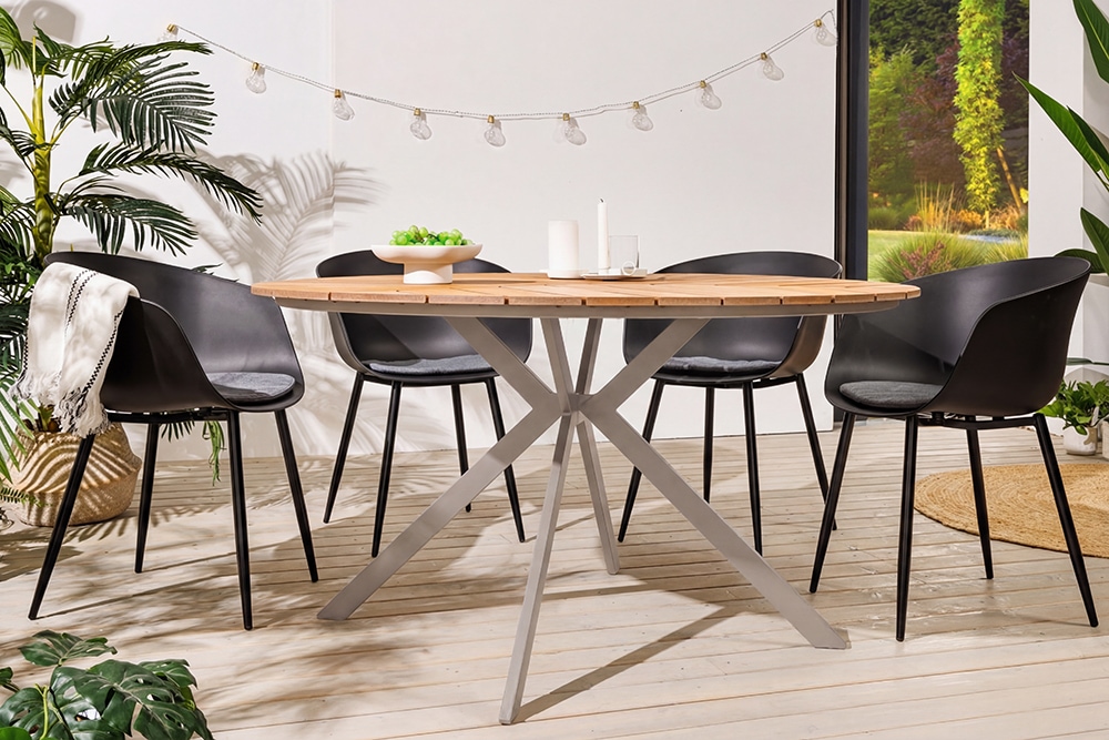 Runder Gartentisch DESIGNO 120cm natur Holz-Design greige Metall In- und Outdoor