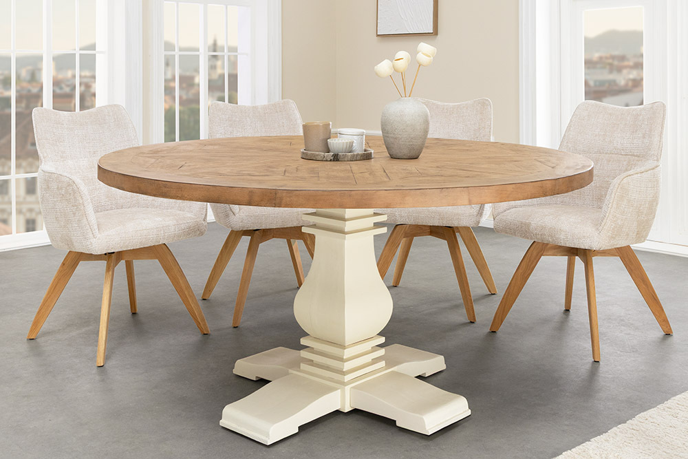 Runder Esstisch HAMPTONS 140cm hellbraun creme recycelte Pinie Massivholz