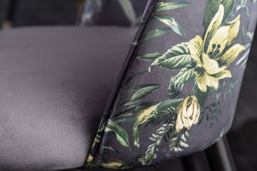 Design Stuhl PRÊT-À-PORTER grau Samt florales Muster und goldene Fußkappen