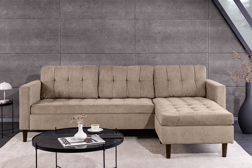 Retro Ecksofa STOCKHOLM 220cm taupe Cord Federkern 3-Sitzer
