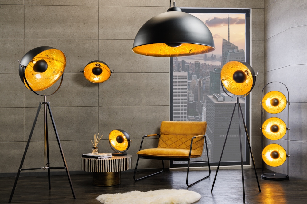 Industrial Stehlampe STUDIO 130cm schwarz Blattgold-Optik 3 neigbare Schirme