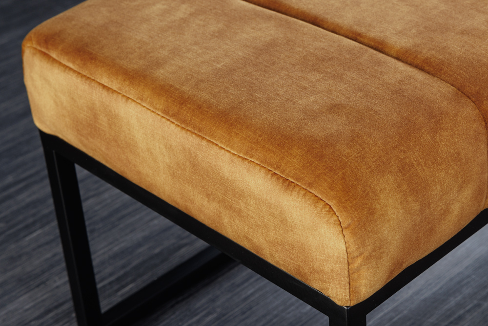 Moderne Sitzbank PETIT BEAUTÉ 110cm senfgelb Samt schwarzes Metallgestell