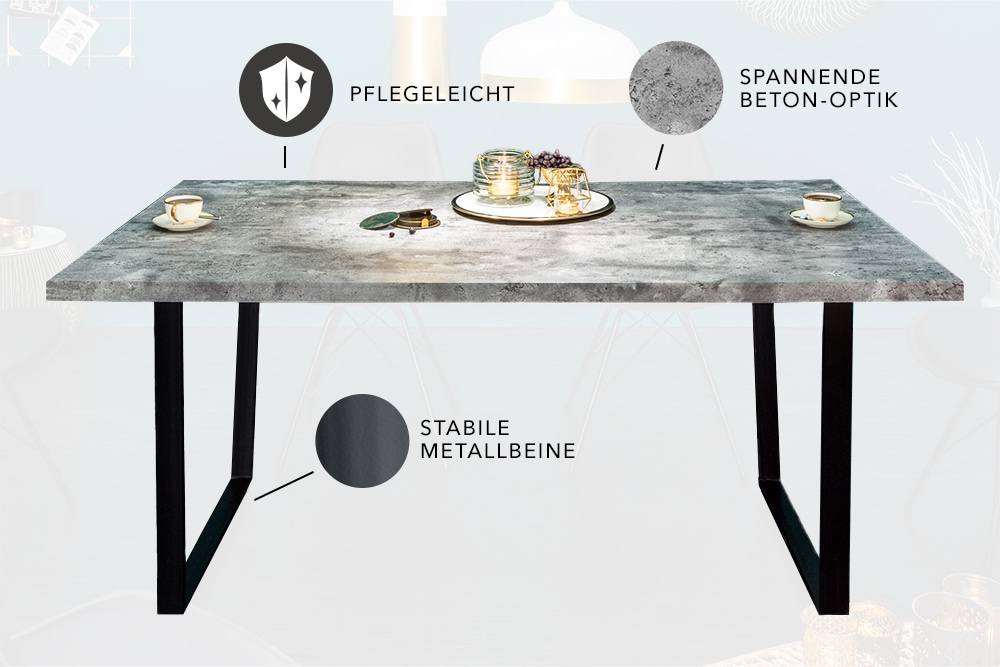 Moderner Esstisch LOFT 160cm grau Beton-Design schwarze Metallbeine Kufengestell Industrial