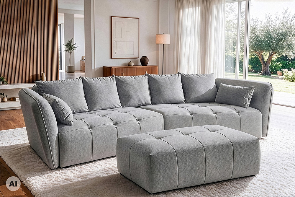 Moderner Hocker ROYAL 120cm grau Veloursstoff Federkern Sitzhocker