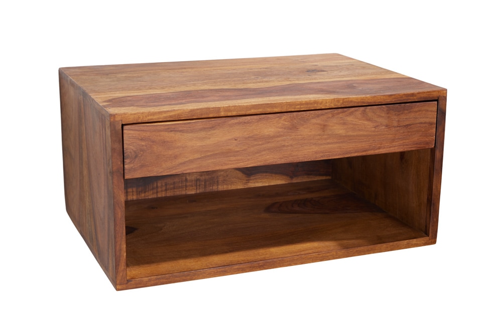 Hängender Nachttisch PURE 50cm braun Sheesham Massivholz stone finish Regal Schublade