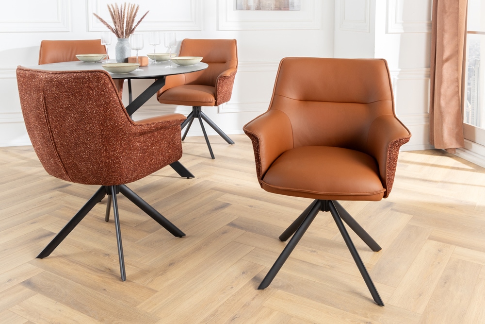 Drehbarer Stuhl LE GRAND cognac Echtleder Strukturstoff schwarzes Metallgestell