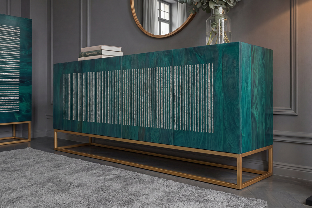 Massives Sideboard ONYX 180cm türkis Mangoholz Achat Edelstein gold Metallgestell
