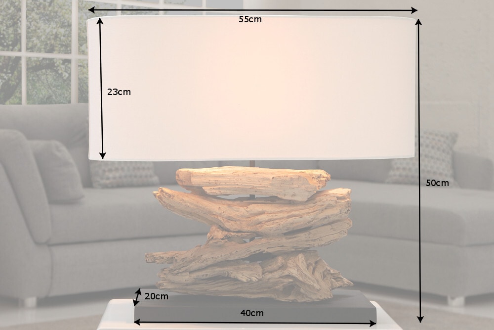 Handgearbeitete Treibholz Lampe RIVERINE 55cm creme Leinenschirm Tischleuchte