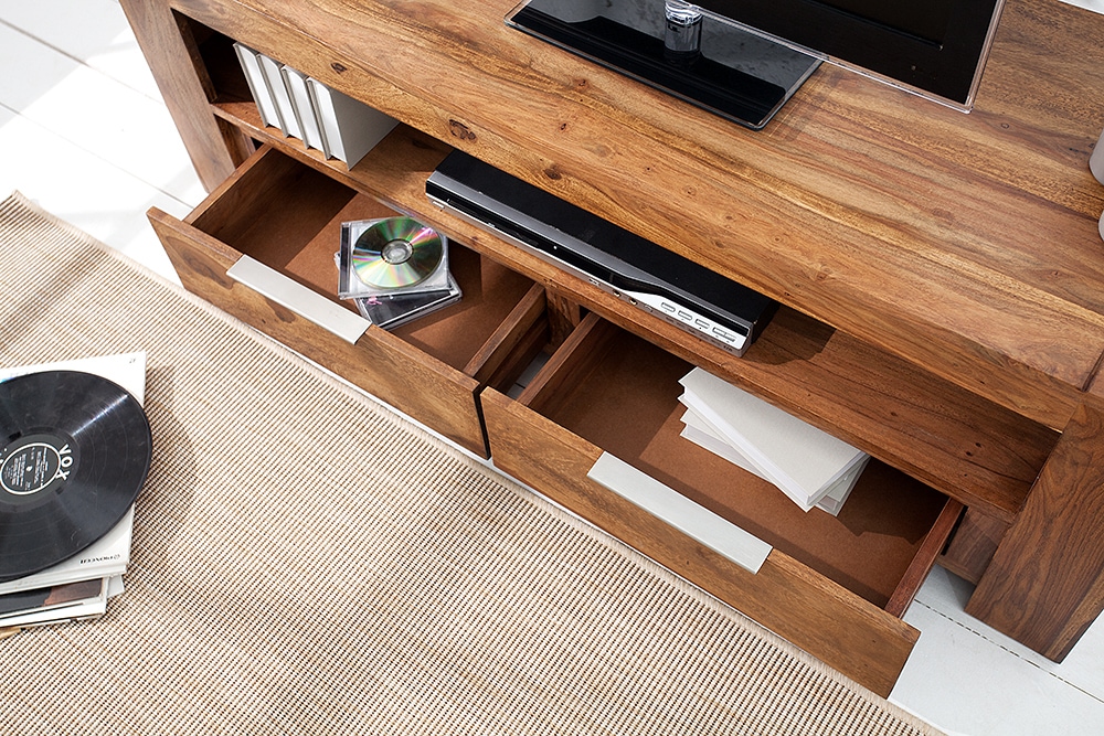 Massives TV-Board MAKASSAR 130cm braun Sheesham stone finish Lowboard zwei Schubladen