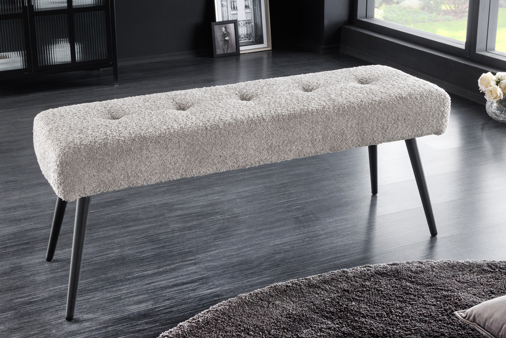 Design Sitzbank BOUTIQUE 100cm champagner greige Bouclé schwarze Metallbeine Polsterbank
