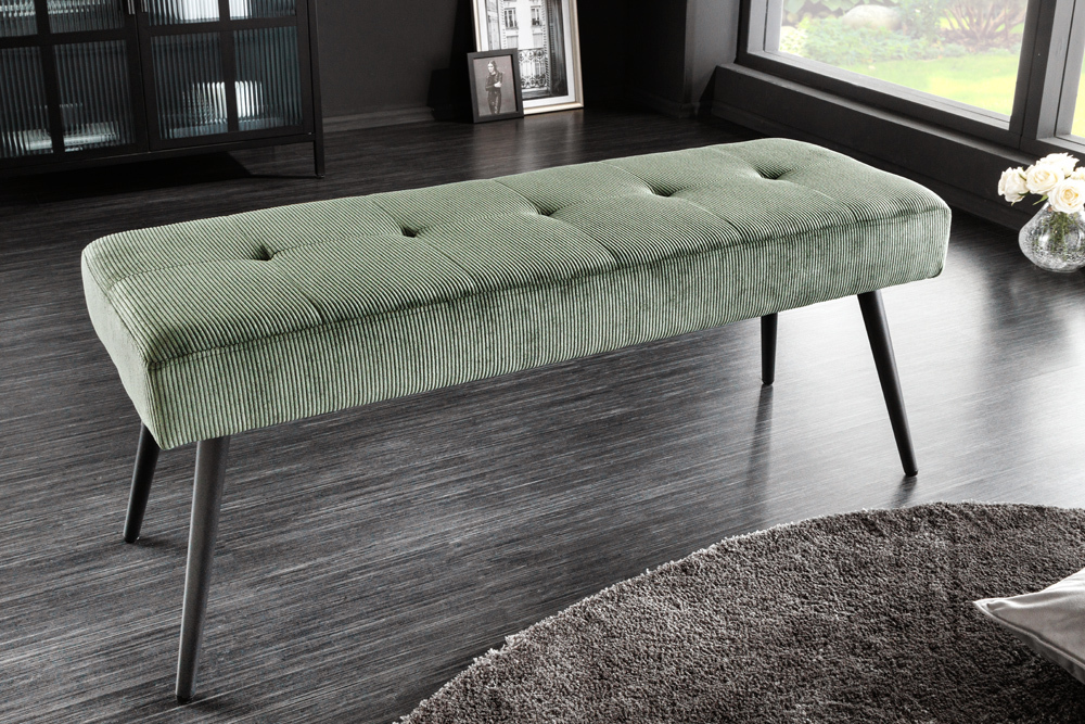Design Sitzbank BOUTIQUE 100cm grün Cord schwarze Metallbeine