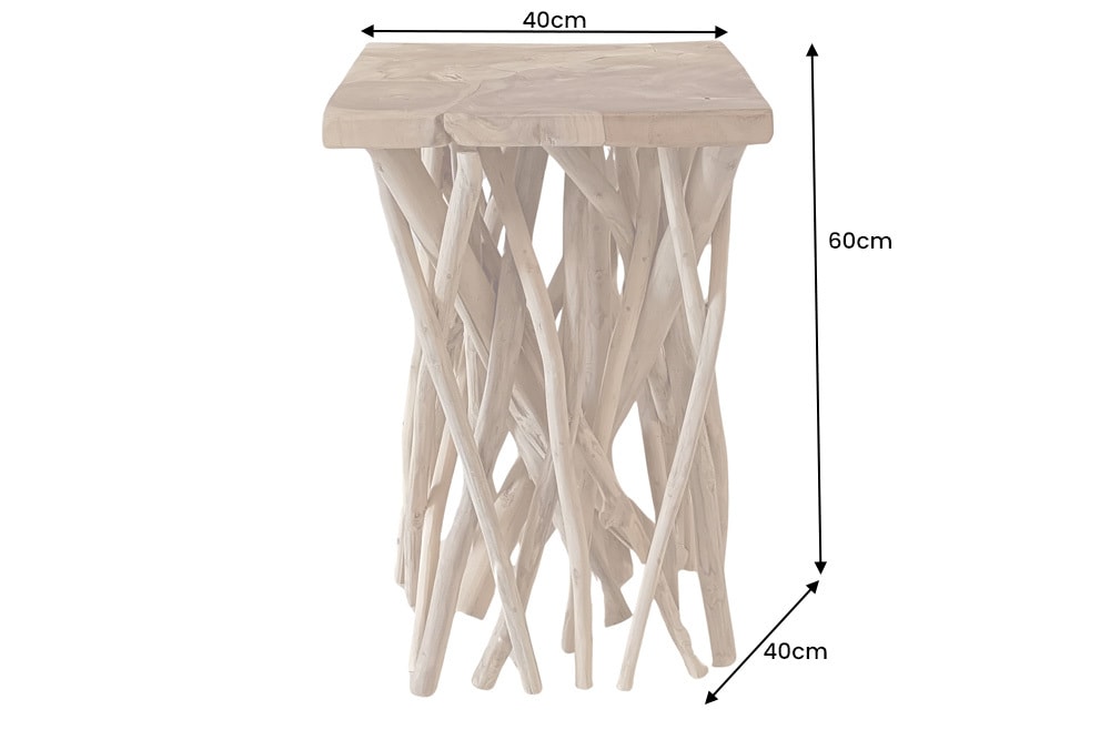 Massivholz Beistelltisch DRIFTWOOD 60cm natur Teak viereckig im Stelzen-Design