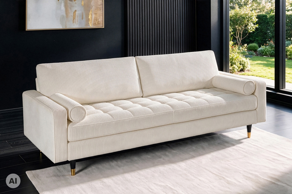 3er Sofa COZY VELVET 220cm beige Cord mit goldener Kappe