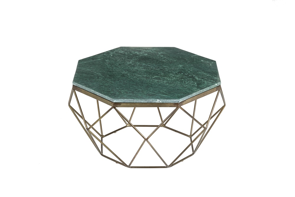 Eleganter Couchtisch DIAMOND 70cm grün messing mit Marmorplatte