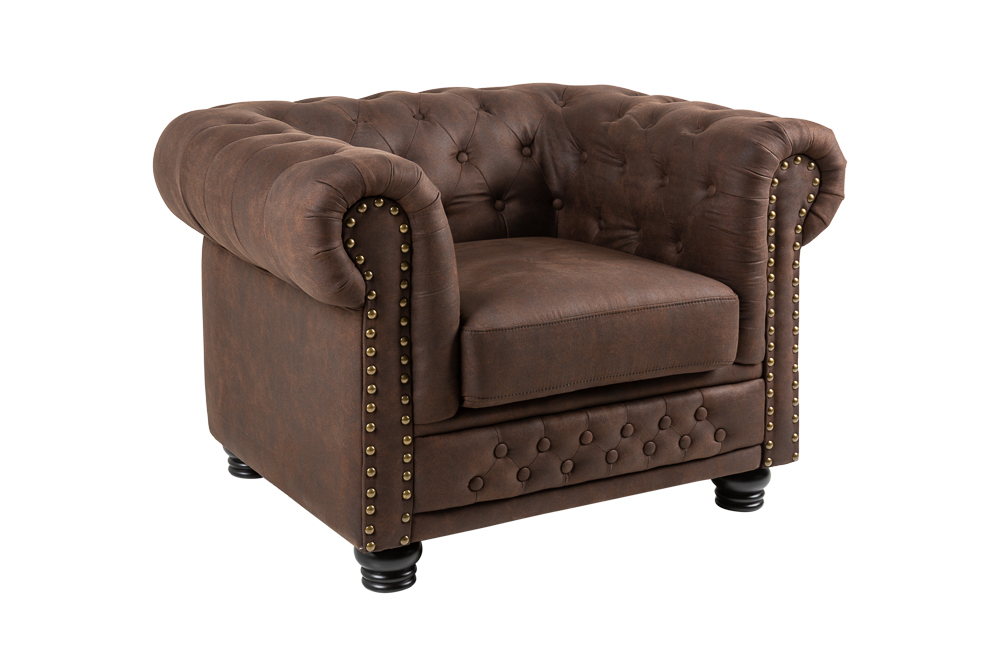 Chesterfield Sessel 110cm vintage braun mit Knopfheftung und Federkern