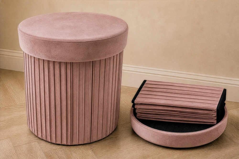 Runder Hocker ÉLAN 40cm rosa Samt faltbar mit Stauraum