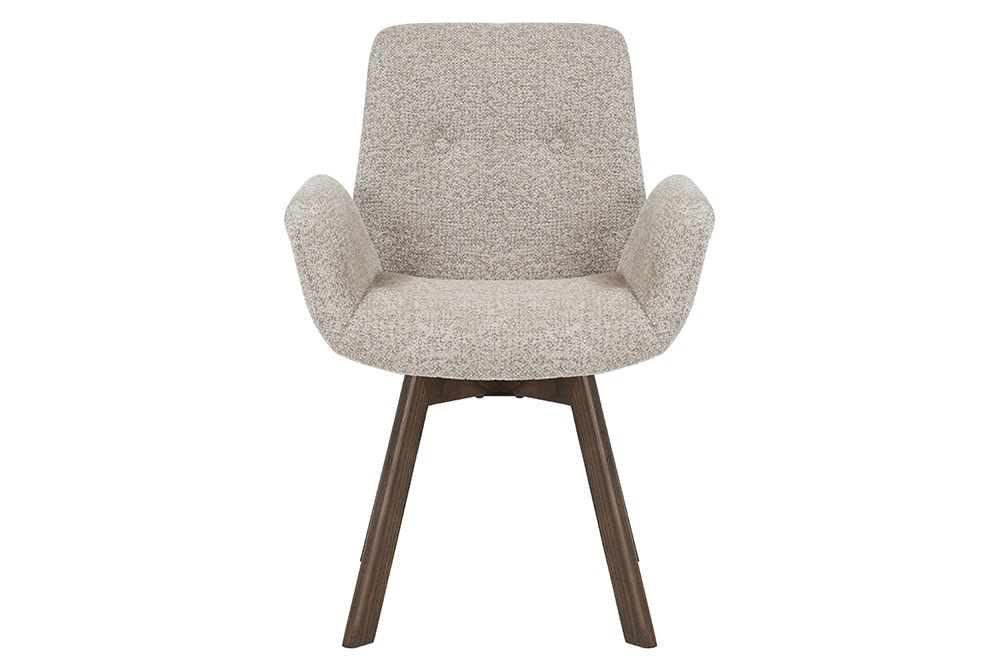 Drehbarer Design Stuhl BALTIC taupe Bouclé Tweed Soft Eiche Massivholz Walnuss