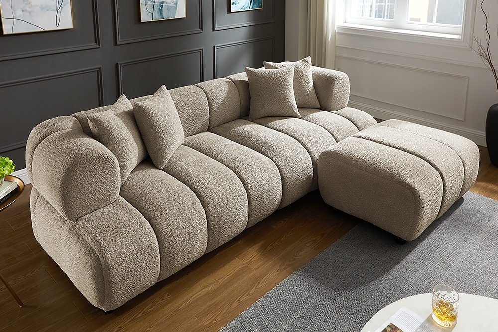 Moderner Hocker ADLON 100cm champagner greige Bouclé Federkern Fußhocker Sitzhocker