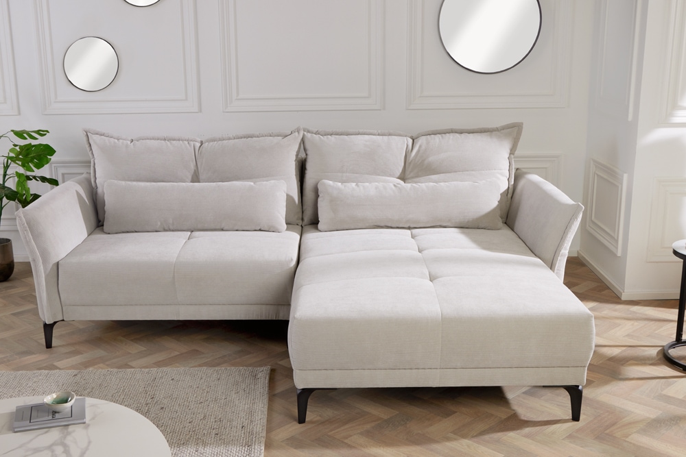 Modernes Ecksofa DESIGNO 250cm champagner beige Cord Couch inklusive Kissen Metallfüße