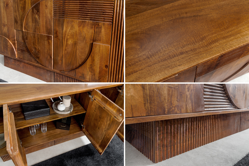 Massives Sideboard ART DECO 170cm braun smoke Mangoholz 3D-Front