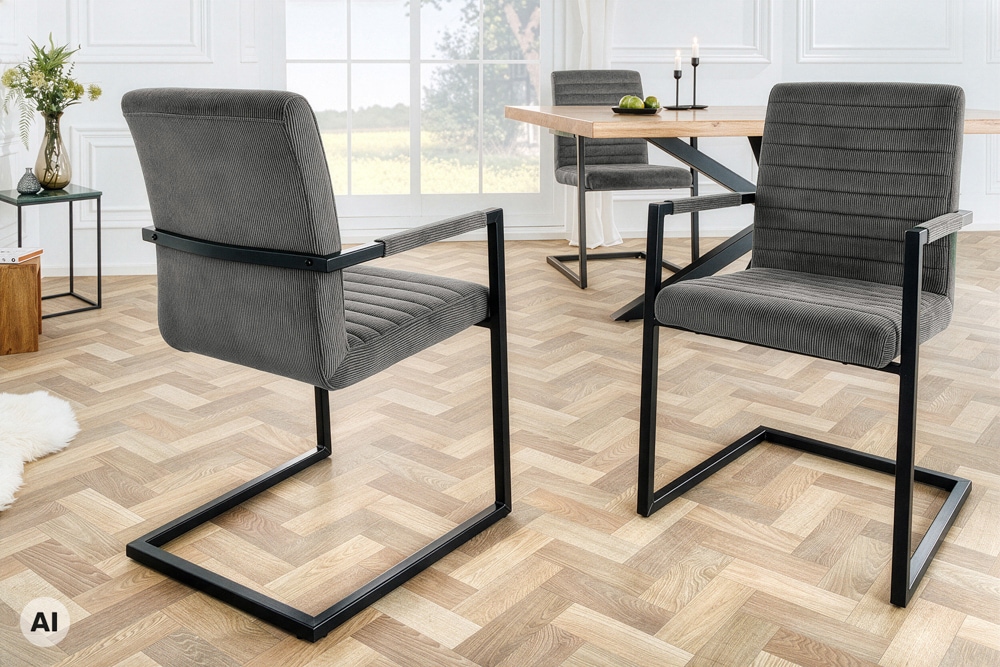 Industrial Freischwinger LOFT grau Cord schwarz Eisen mit Armlehne