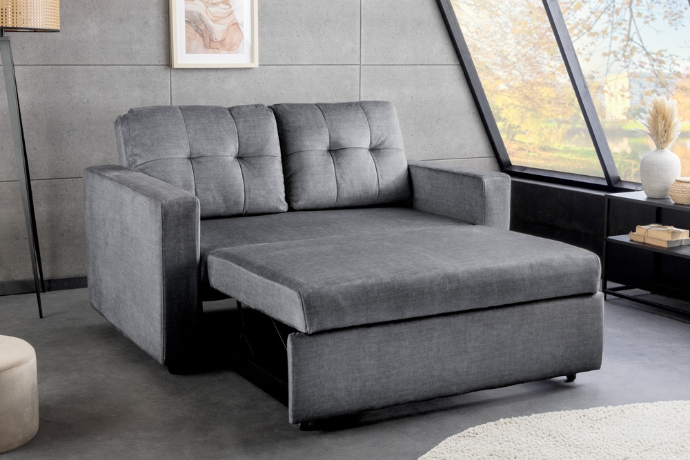 Sofa mit Schlaffunktion SMART 140cm grau hochwertiger Vogue Seiden Samtstoff
