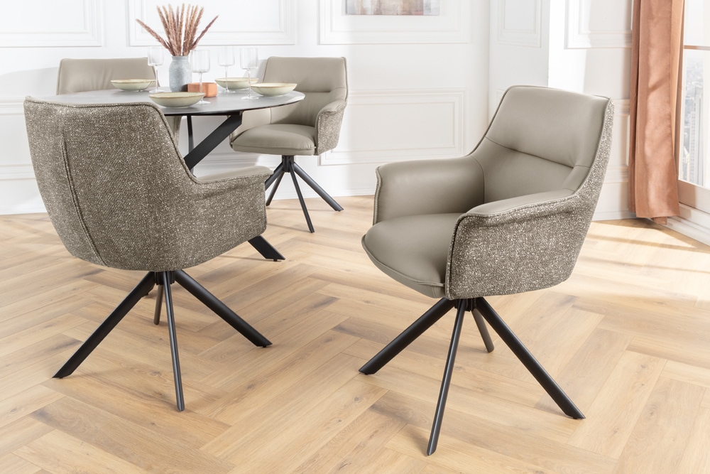 Drehbarer Stuhl LE GRAND taupe Echtleder Strukturstoff schwarzes Metallgestell