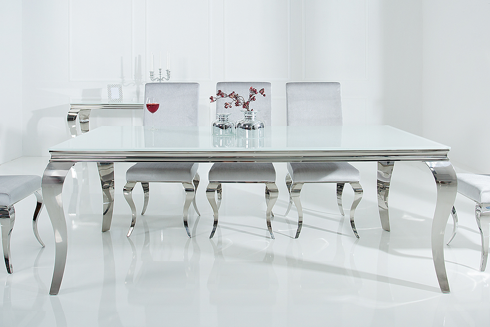 Design Esstisch MODERN BAROCK 200cm weiß Opalglas Tischplatte Edelstahl