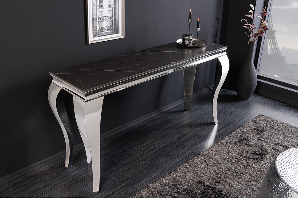 Design Konsolentisch MODERN BAROCK 140cm schwarz anthrazit chrom Keramik Marmor