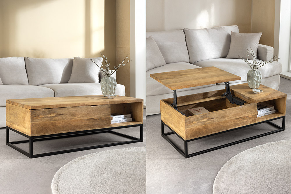 Höhenverstellbarer Couchtisch MAKASSAR FUNCTION 110cm natur cream finish Mangoholz massiv