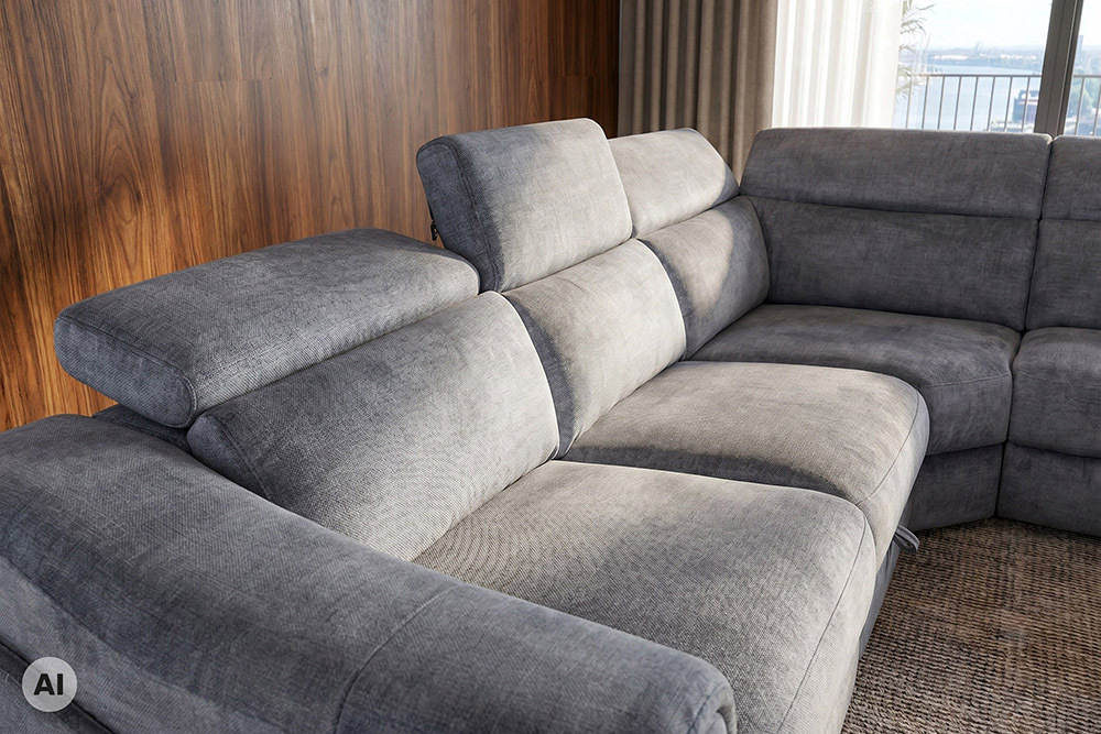 Multifunktionales Ecksofa PRIME 300cm grau Vogue Seiden Samtstoff Relaxfunktion