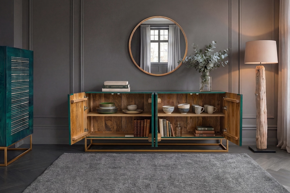 Massives Sideboard ONYX 180cm türkis Mangoholz Achat Edelstein gold Metallgestell