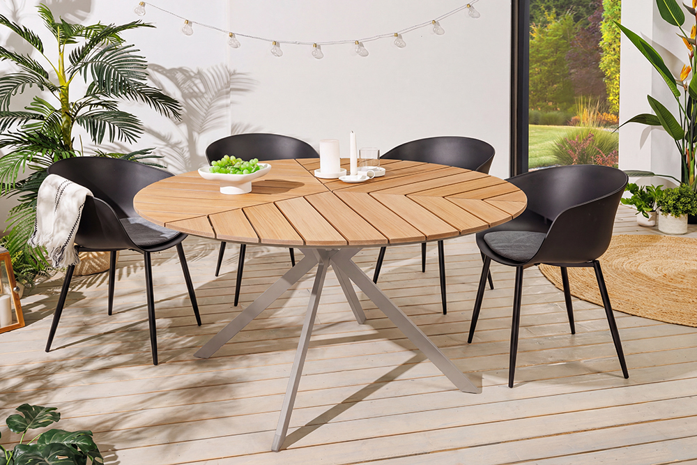 Runder Gartentisch DESIGNO 120cm natur Holz-Design greige Metall In- und Outdoor