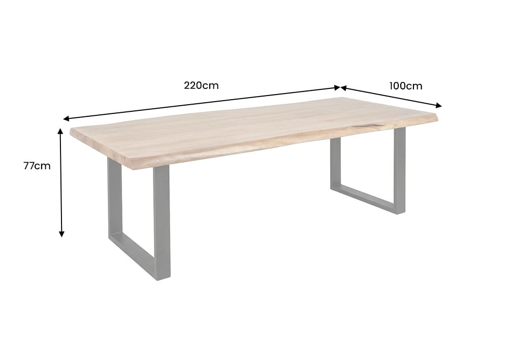 Massiver Esstisch MAMMUT 220cm natur Akazie U-Gestell schwarz Baumkante 5cm Tischplatte