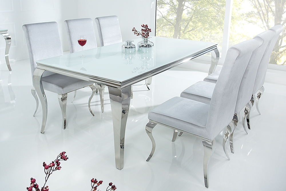 Design Esstisch MODERN BAROCK 200cm weiß Opalglas Tischplatte Edelstahl