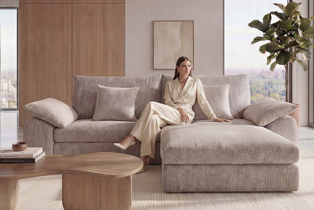 Stilvolles Big Sofa SOHO 260cm beige Chenille 4-Sitzer Couch mit Wellenunterfederung