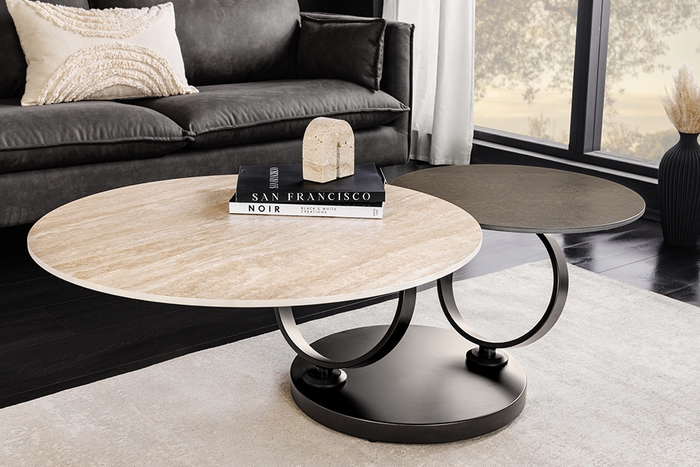 Design Couchtisch DANCING RINGS rost rund drehbar Travertin Keramik schwarz Gestell