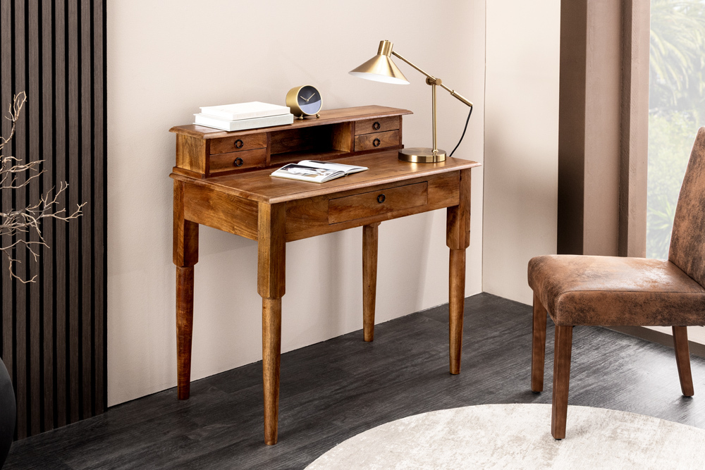 Design Sekretär HEMINGWAY M 90cm braun massiv Mangoholz honey finish Schreibtisch