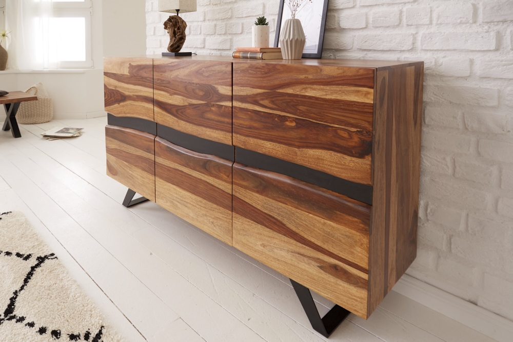 Massivholz Sideboard AMAZONAS 150cm braun Sheesham Baumkante schwarzes Metallgestell