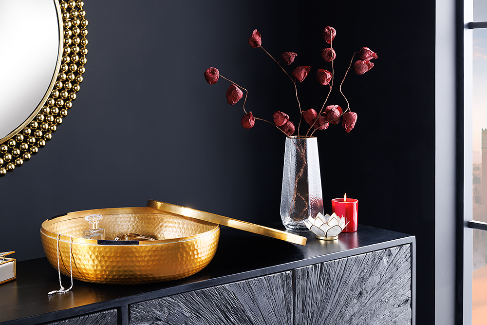 Handgefertigte Schale ORIENT 40cm gold Metall rund mit Deckel Schmuck-Dose » Jetzt kaufen