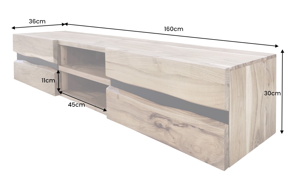 Hängendes TV-Lowboard AMAZONAS 160cm natur Akazie Massivholz Baumkante Metall schwarz