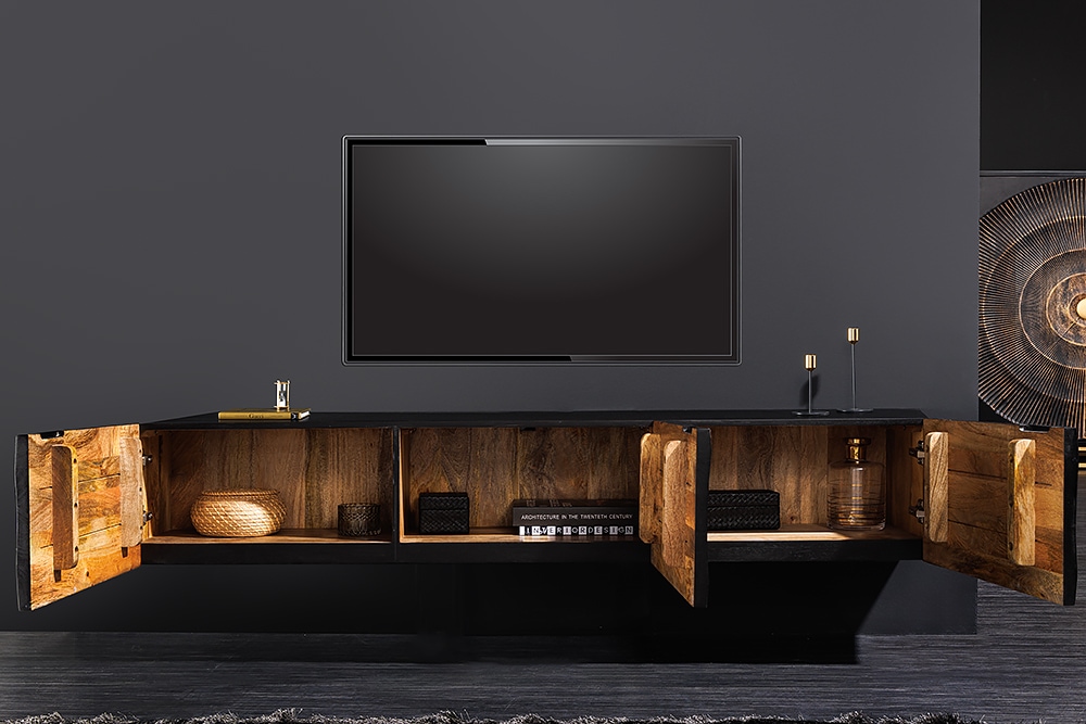 Hängendes TV-Lowboard GOLDEN SUNSET 160cm Mangoholz schwarz mit 3D Schnitzereien gold handmade