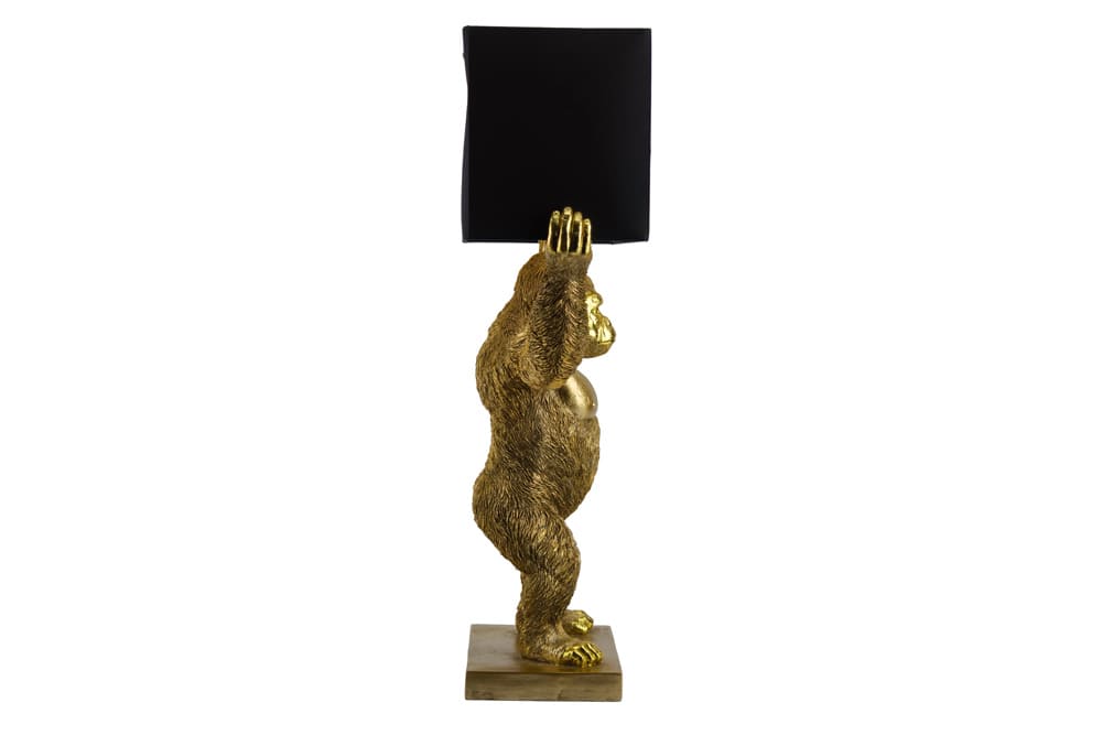 Handgefertigte Tischlampe KING APE 70cm schwarz gold Stoffschirm Affen-Skulptur