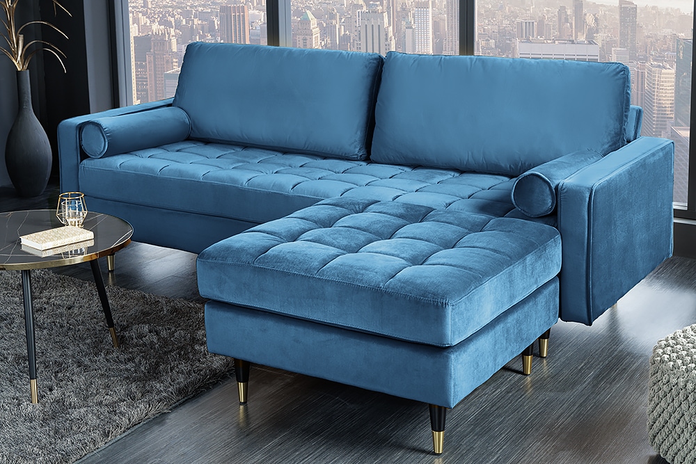Design Hocker COZY VELVET 80cm petrol blau gold Samt Metallfüße